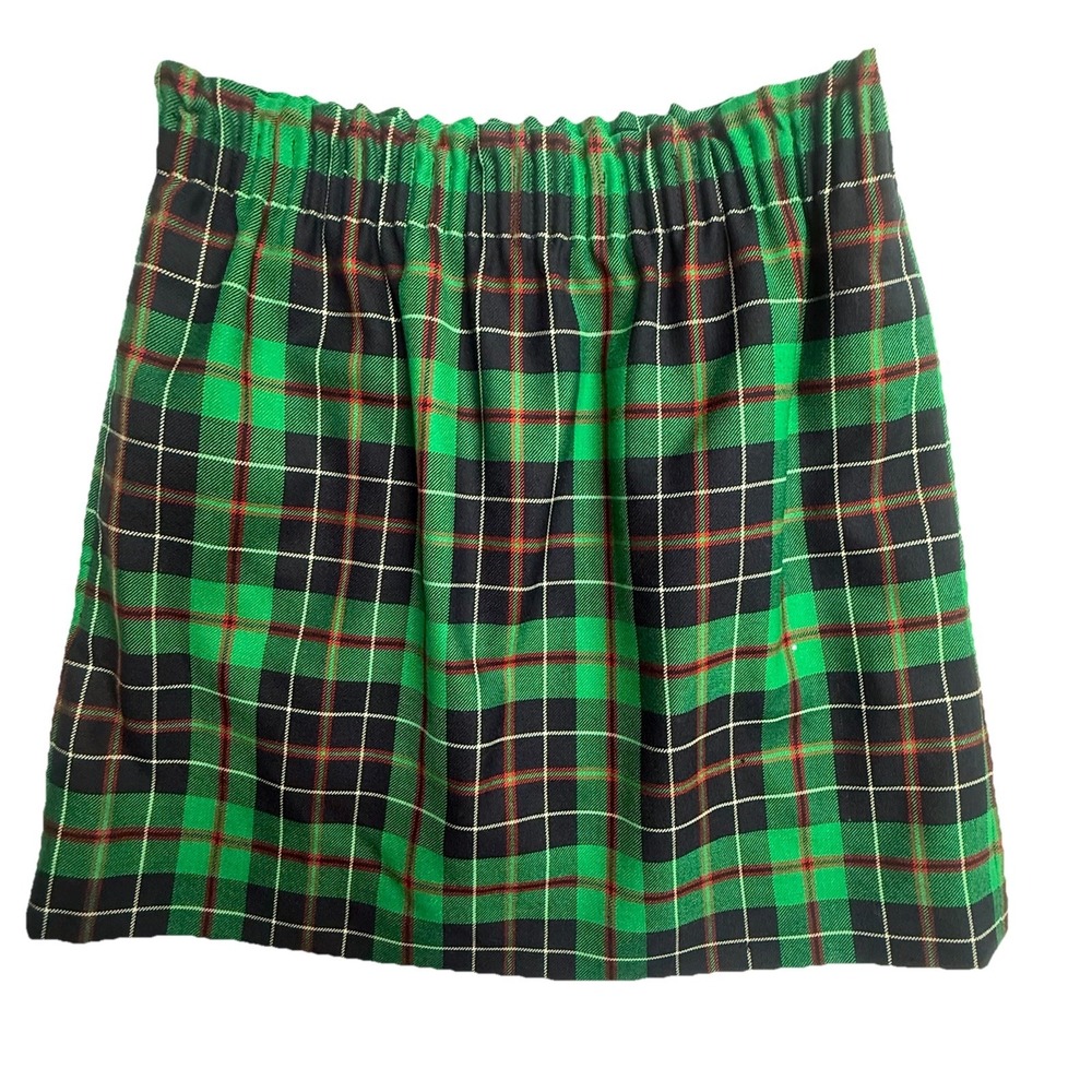 J Crew Wool Plaid Skirt Womens 2 Green Tartan Elastic Waist Lined 17"